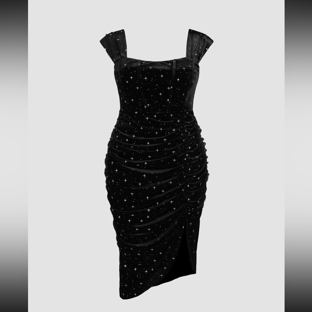 Black Velvet Square Neck Star Pattern Dress